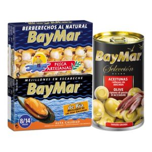 Aperitiu pack Baymar: 1 llauna de musclos, 1 d'escopinyes i 1 d'olives Aperitiu pack Baymar: 1 llauna de musclos, 1 d'escopinyes i 1 d'olives